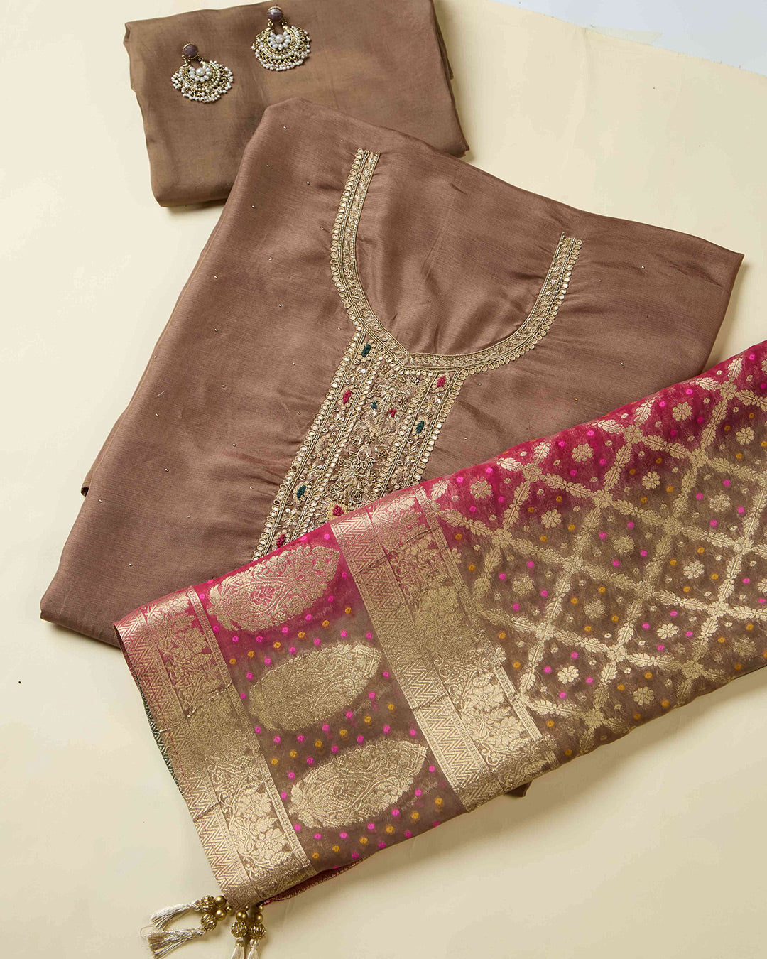 Brown Art Dupion Kurta Set with Zardozi & Gota Embroidery