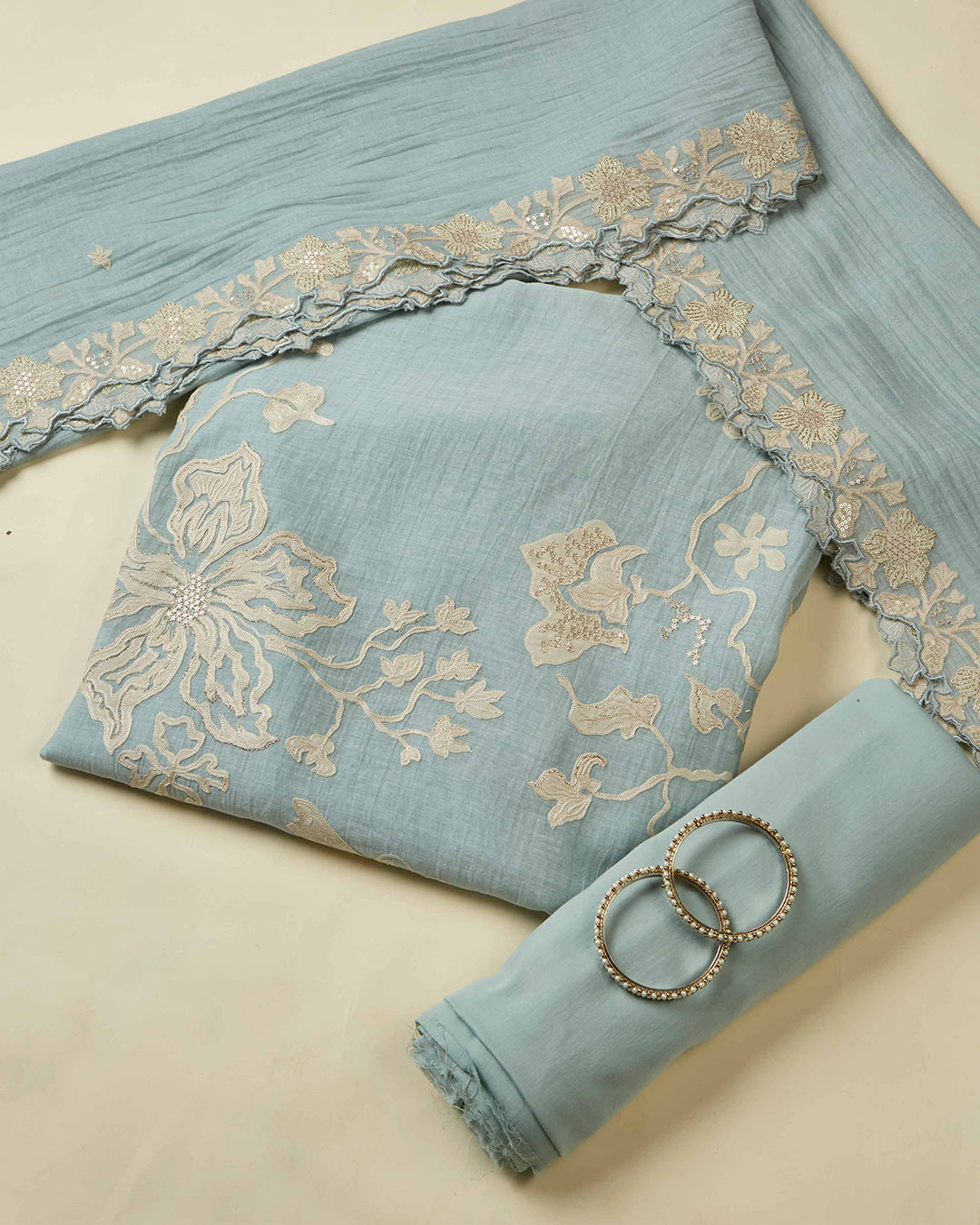 Bluish Grey Chanderi Kurta Set with Appliqué Embroidery
