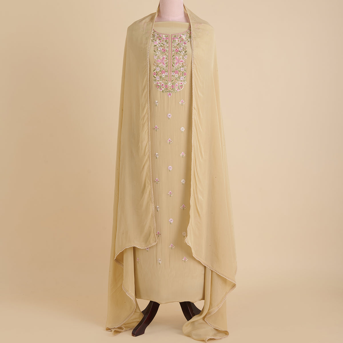 Beige Viscose Crepe Thread Embroidered Kurta with Stone Highlight