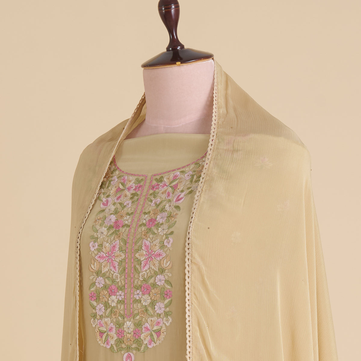 Beige Viscose Crepe Thread Embroidered Kurta with Stone Highlight