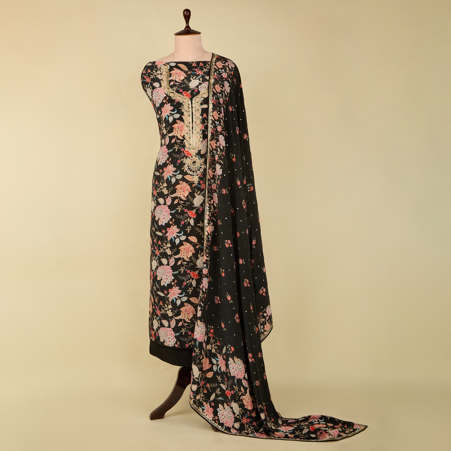 Black Viscose Crepe Embroidered Suit with Dupatta