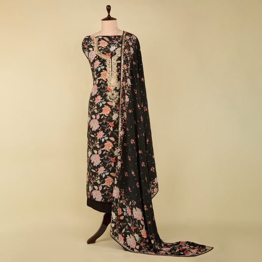 Black Viscose Crepe Embroidered Suit with Dupatta