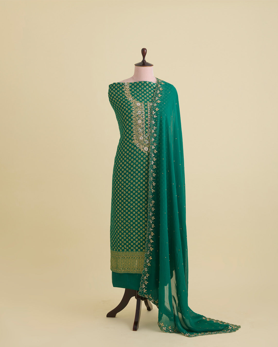 Bottle Green Viscose Georgette Kurta Set with Zardosi & Mirror Embroidery