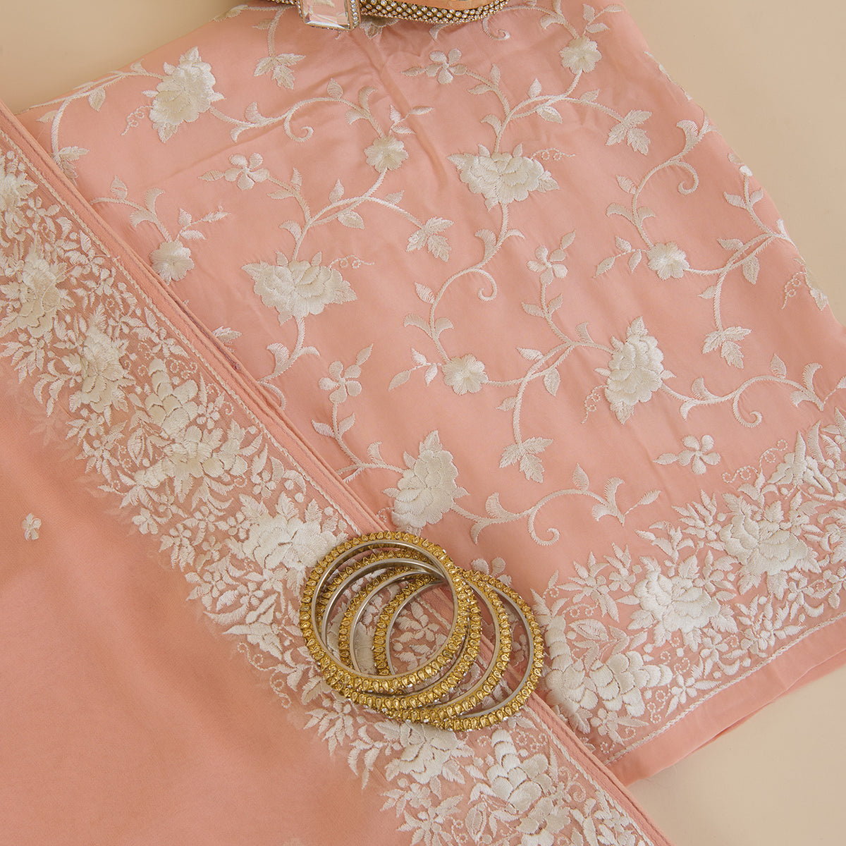 Coral Viscose Crepe Parsi Embroidered Kurta with Georgette Dupatta