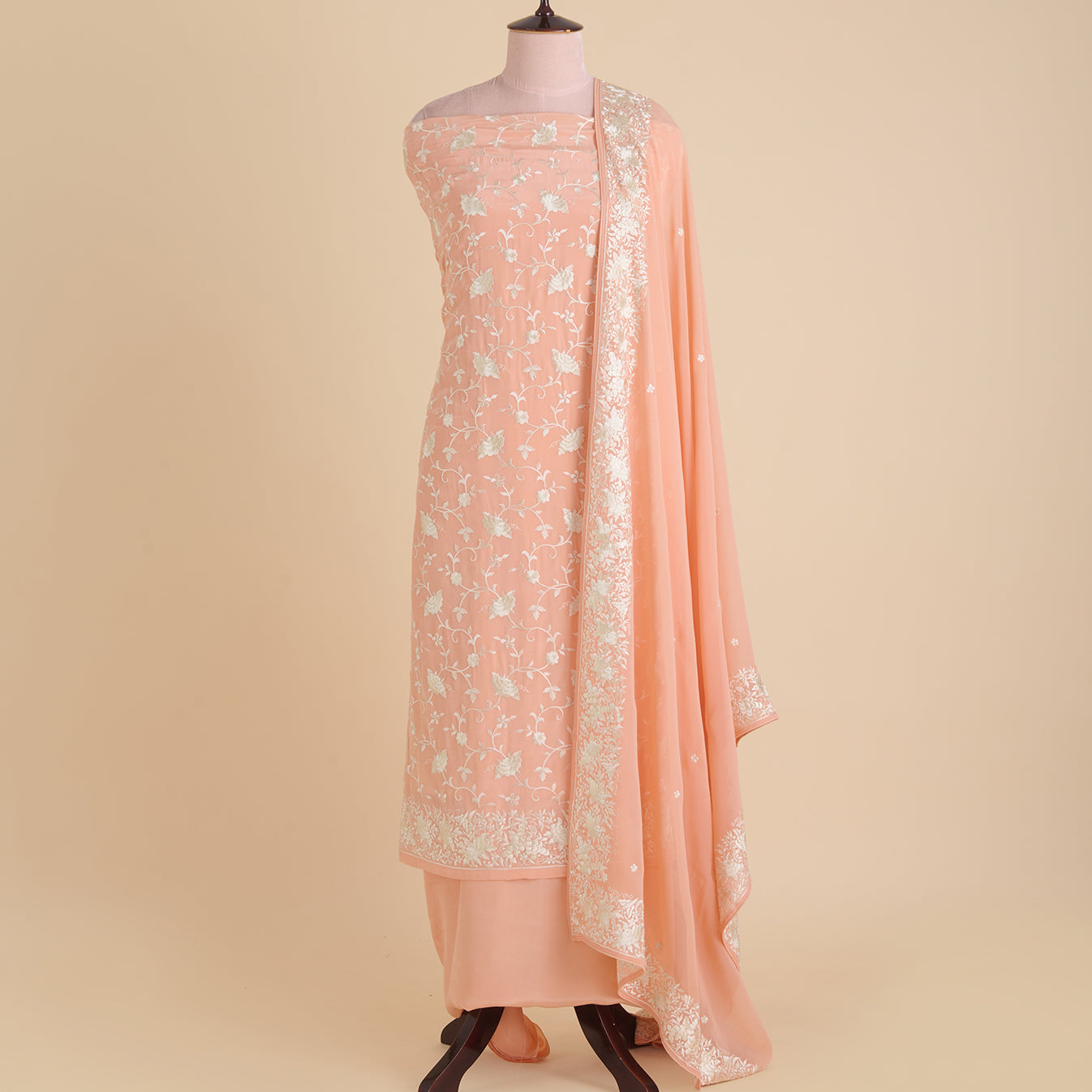 Coral Viscose Crepe Parsi Embroidered Kurta with Georgette Dupatta