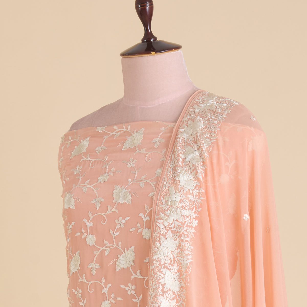 Coral Viscose Crepe Parsi Embroidered Kurta with Georgette Dupatta