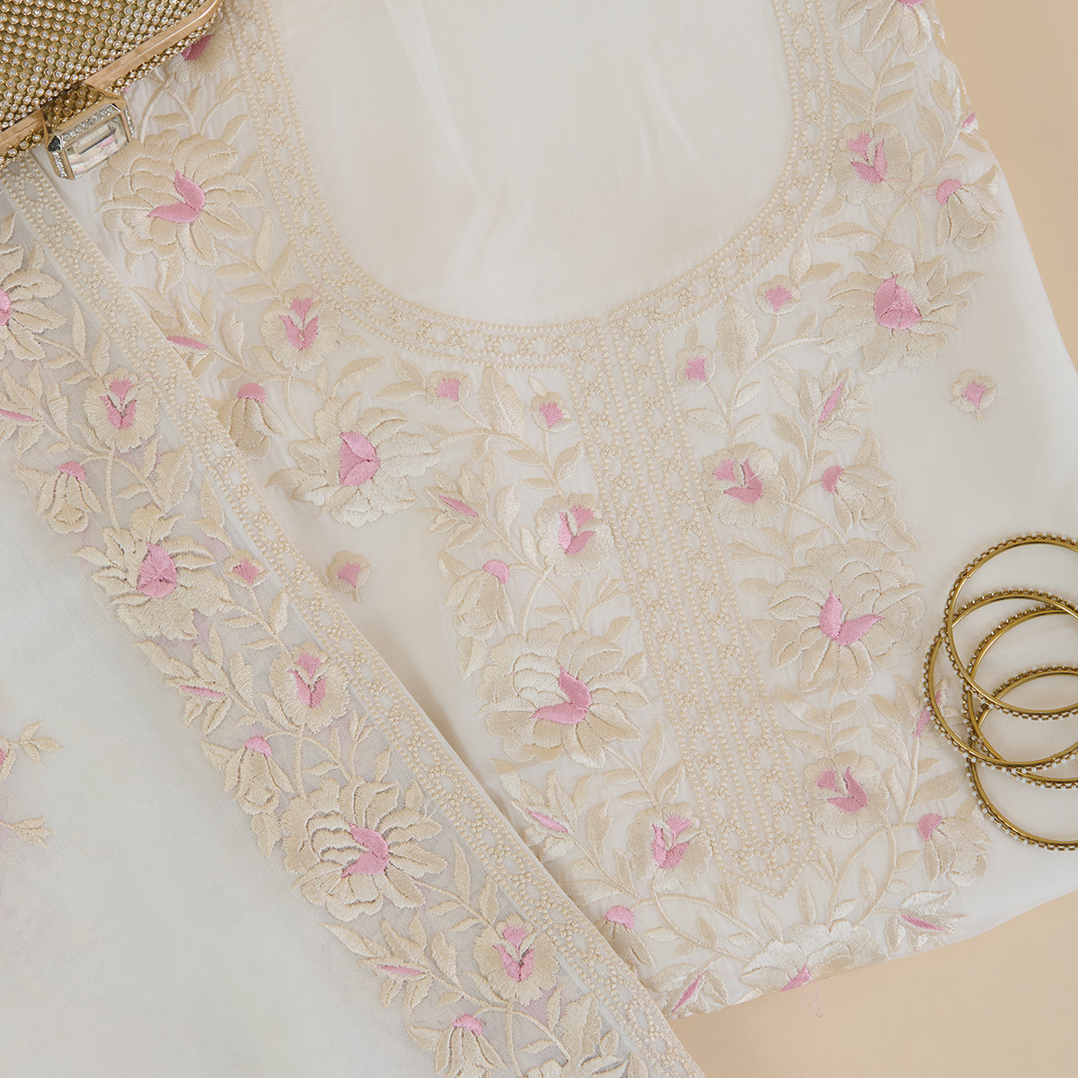 Cream Viscose Crepe Parsi Embroidered Kurta with Georgette Dupatta