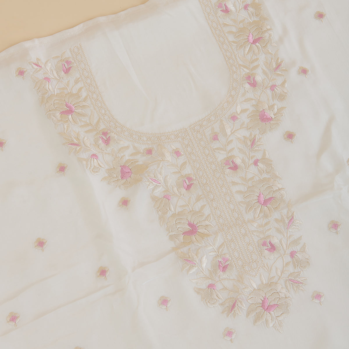 Cream Viscose Crepe Parsi Embroidered Kurta with Georgette Dupatta