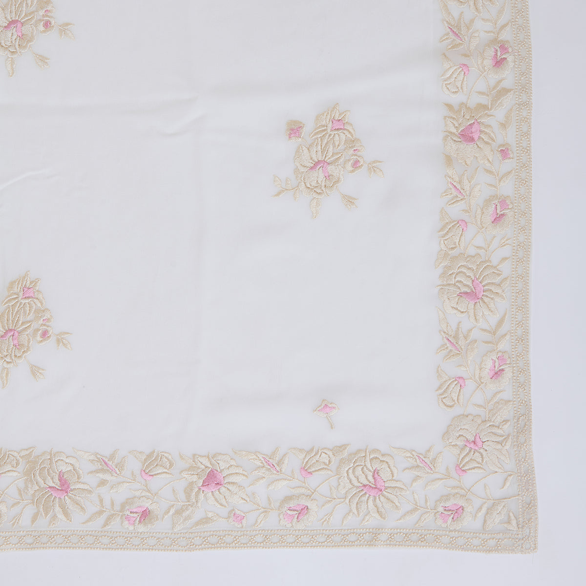 Cream Viscose Crepe Parsi Embroidered Kurta with Georgette Dupatta