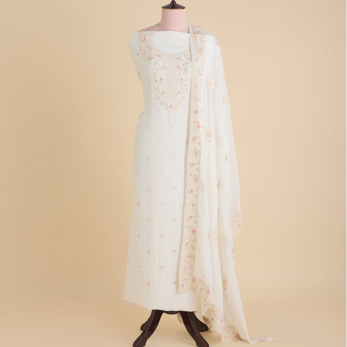 Cream Viscose Crepe Parsi Embroidered Kurta with Georgette Dupatta