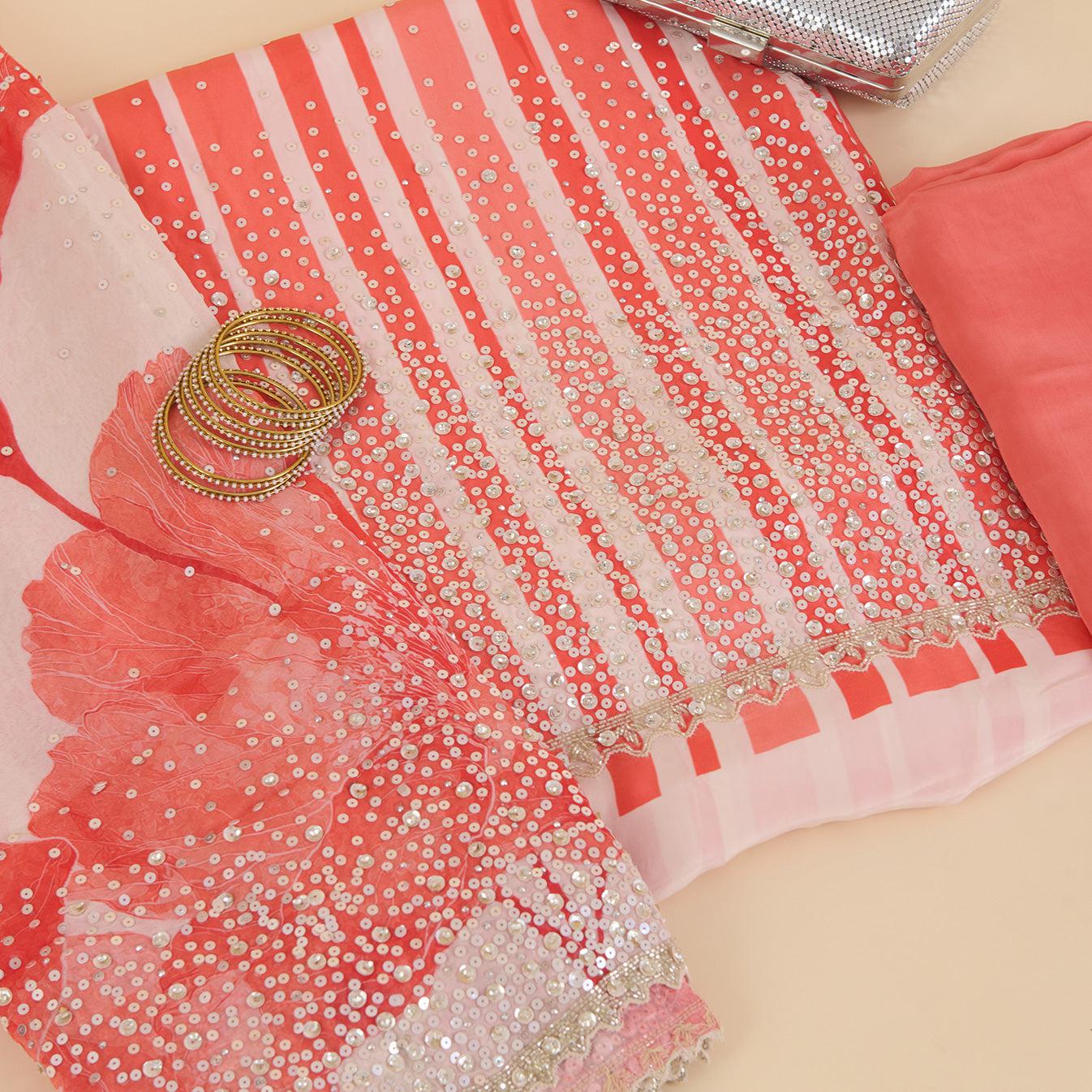 Cream Peach Viscose Crepe Printed Kurta Set with Embroidered Dupatta