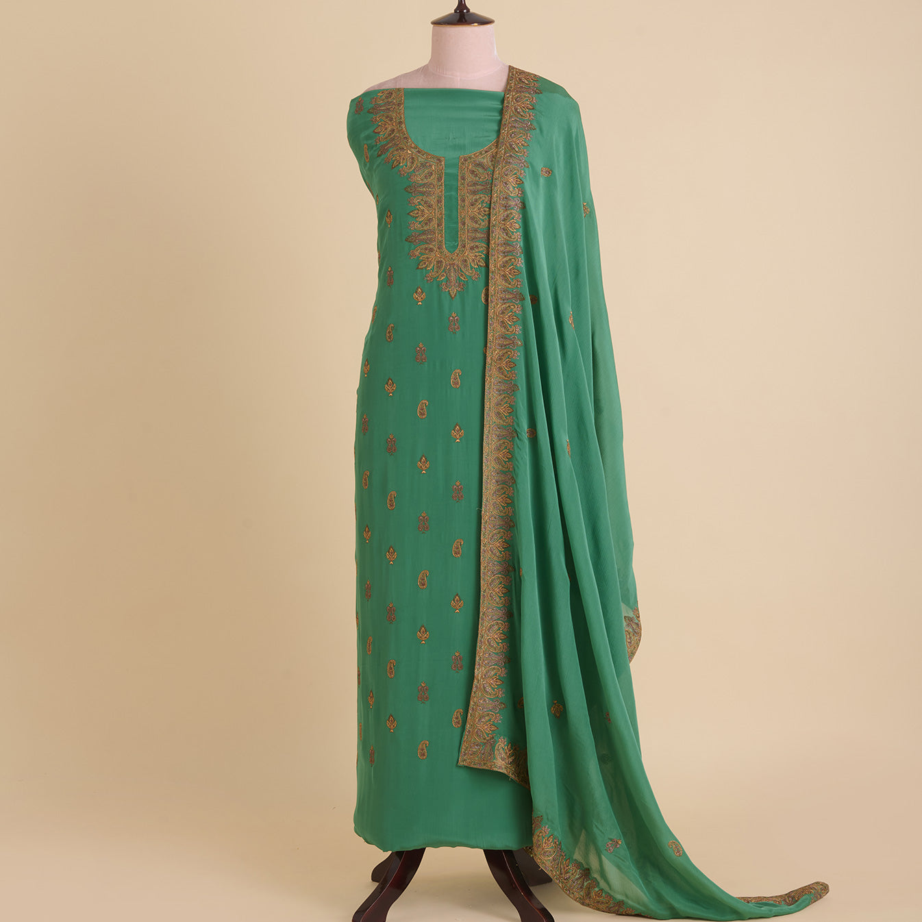Chutney Green Viscose Crepe Thread Embroidered Suit