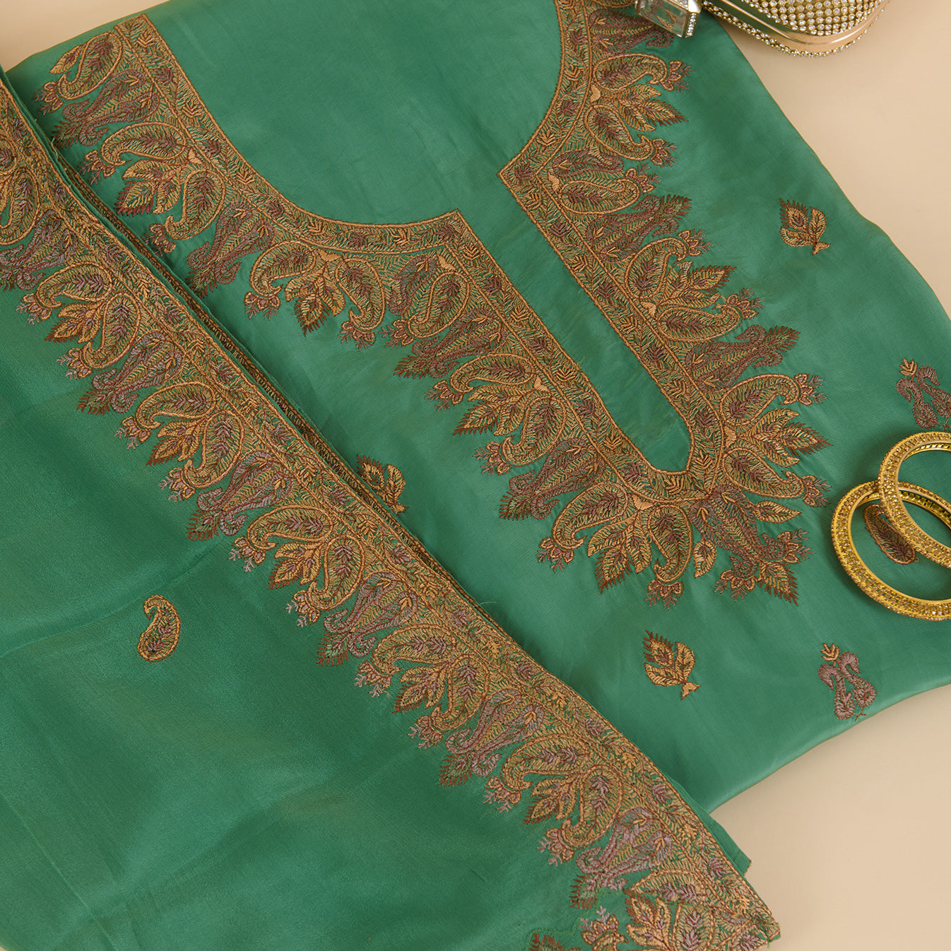 Chutney Green Viscose Crepe Thread Embroidered Suit