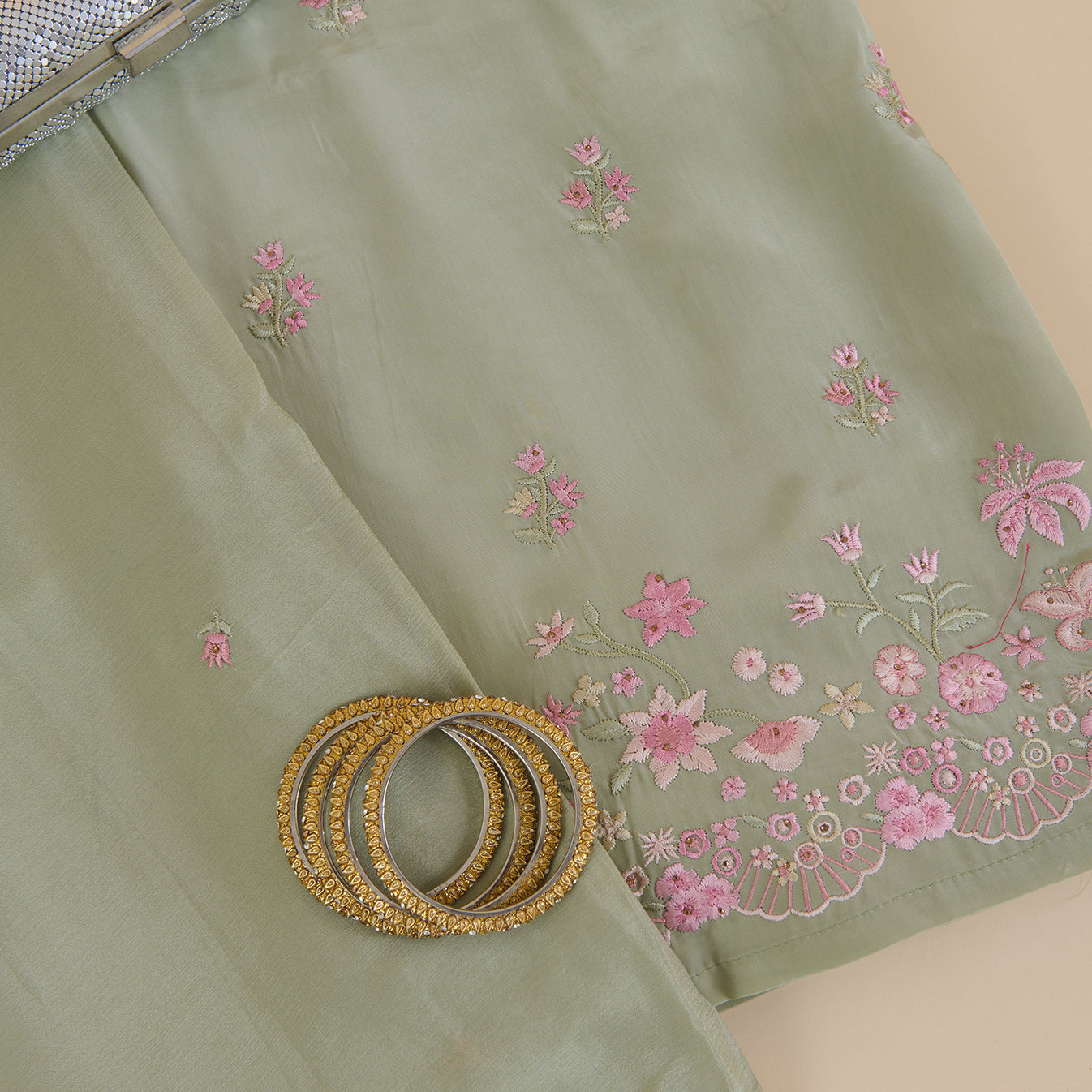 Dusty Green Viscose Crepe Thread Embroidered Kurta