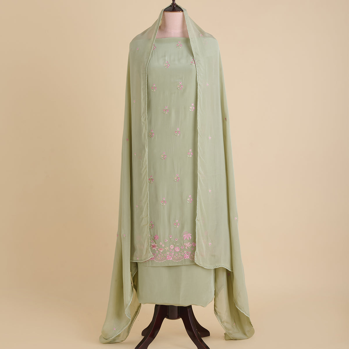 Dusty Green Viscose Crepe Thread Embroidered Kurta