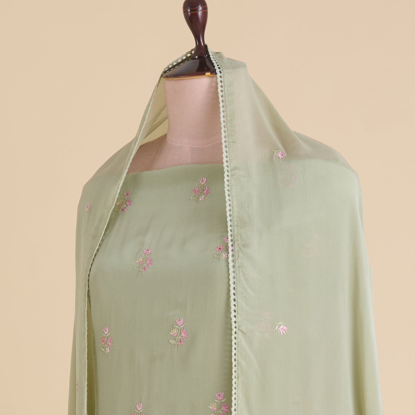 Dusty Green Viscose Crepe Thread Embroidered Kurta