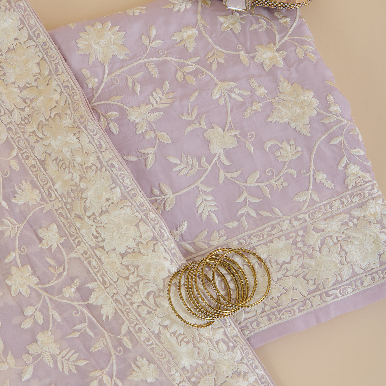 Lilac Viscose Crepe Parsi Jaal Embroidered Kurta with Dupatta