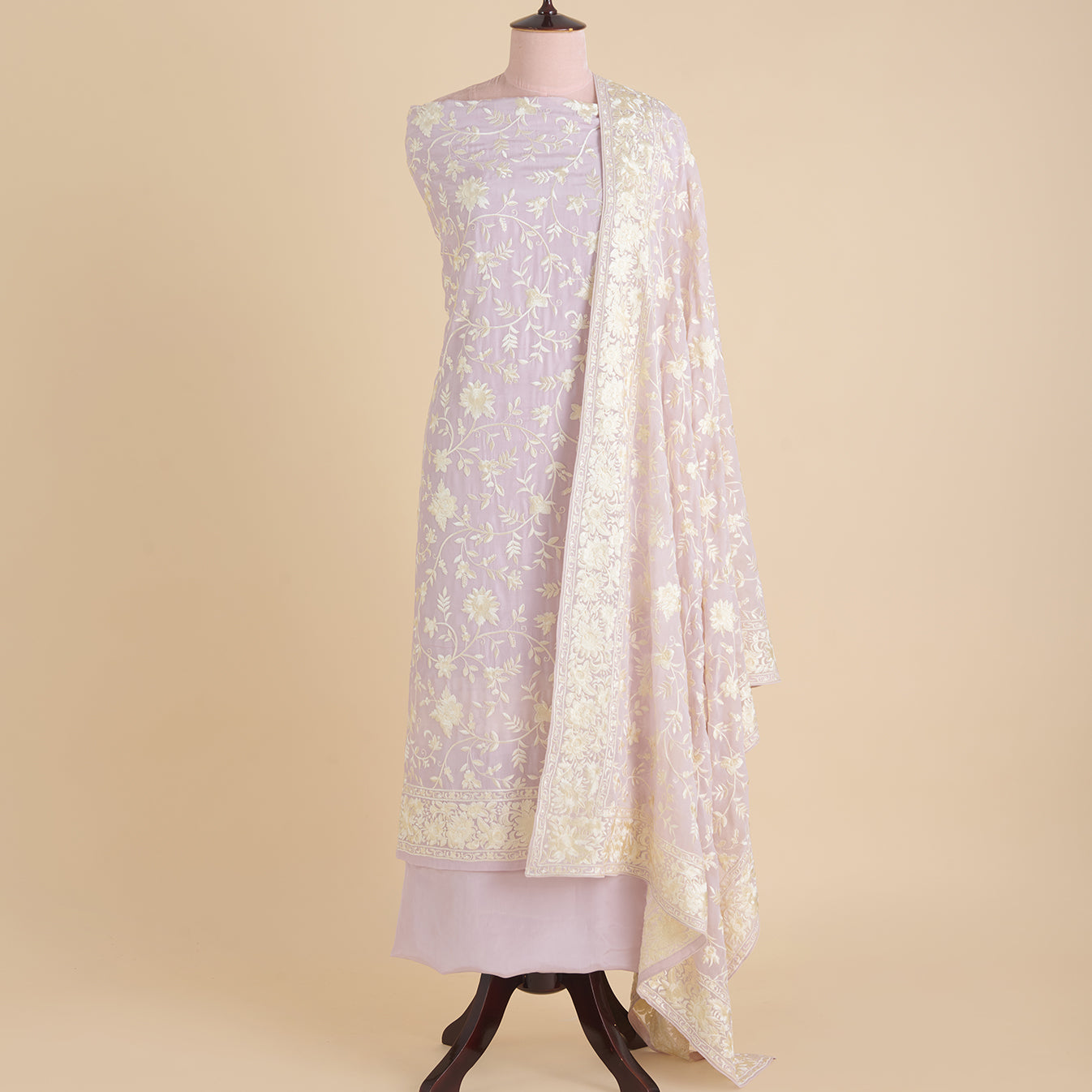 Lilac Viscose Crepe Parsi Jaal Embroidered Kurta with Dupatta