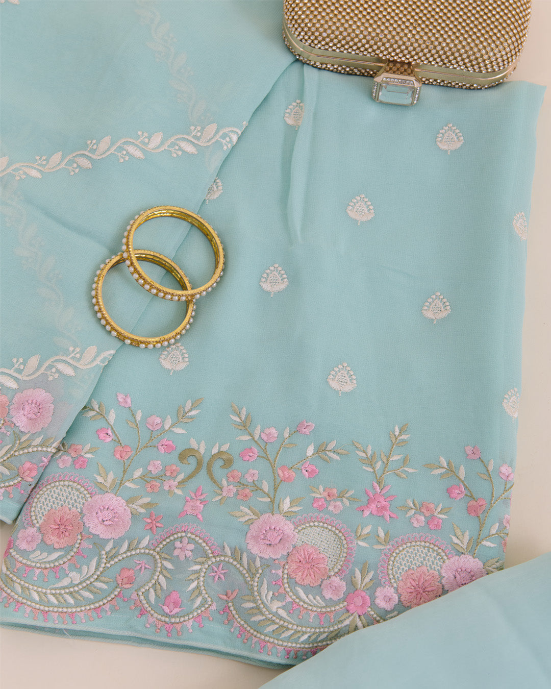 Mint Green Viscose Georgette Suit with Resham Embroidery & Dupatta