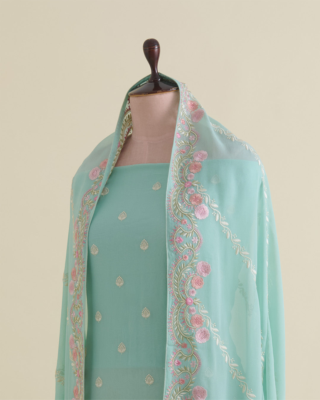 Mint Green Viscose Georgette Suit with Resham Embroidery & Dupatta