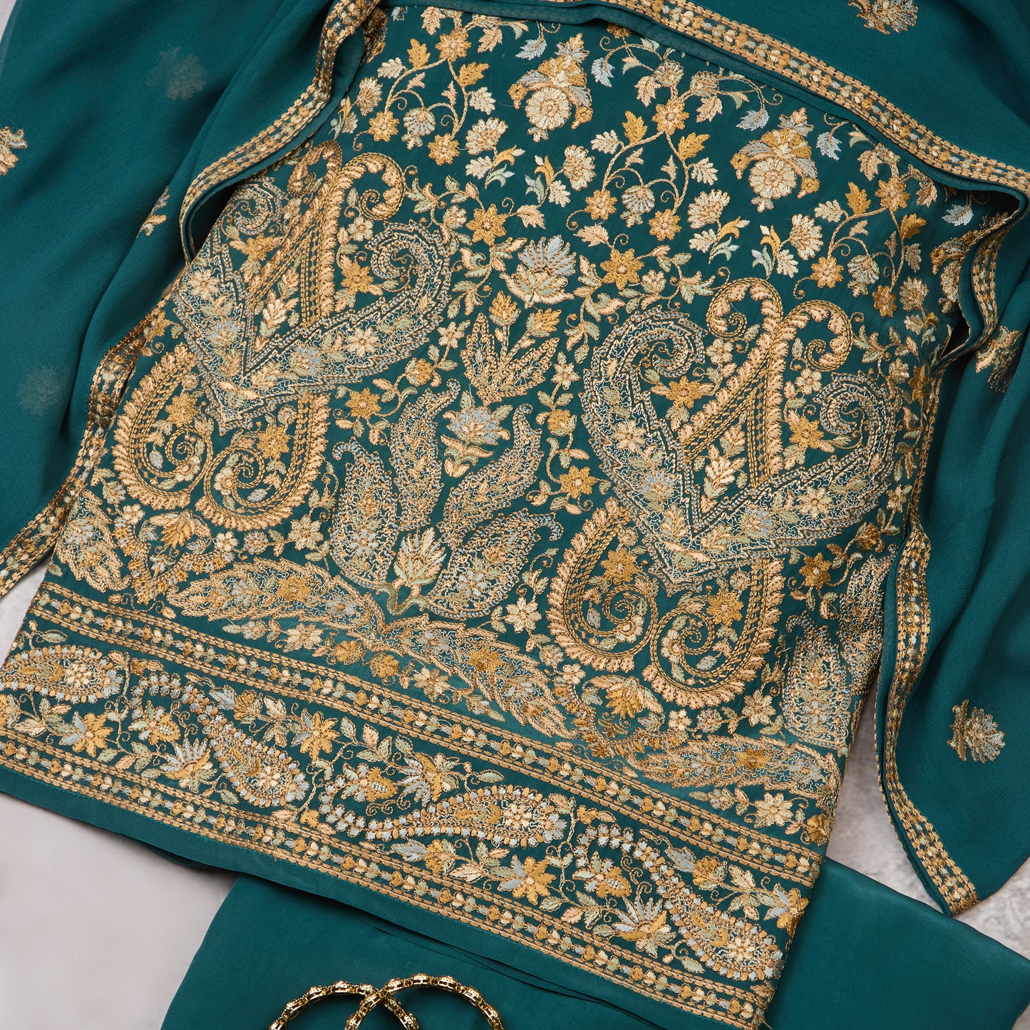 Bottle Green Viscose Crepe Kurta Set with All-Over Resham Work — 3-piece unstitched, by Vandana