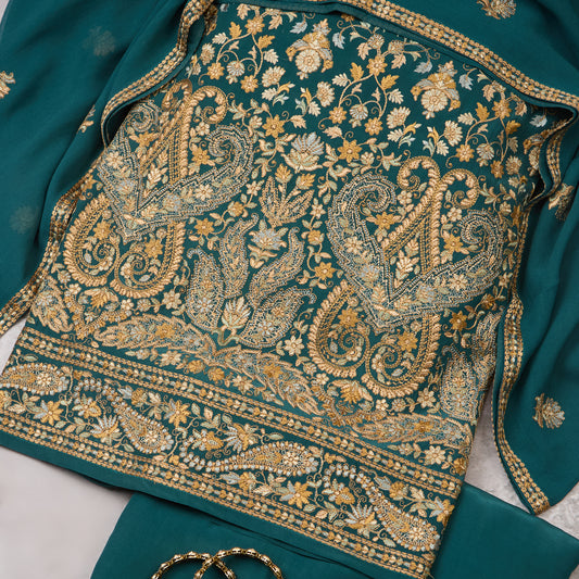 Bottle Green Viscose Crepe Kurta Set with All-Over Resham Work