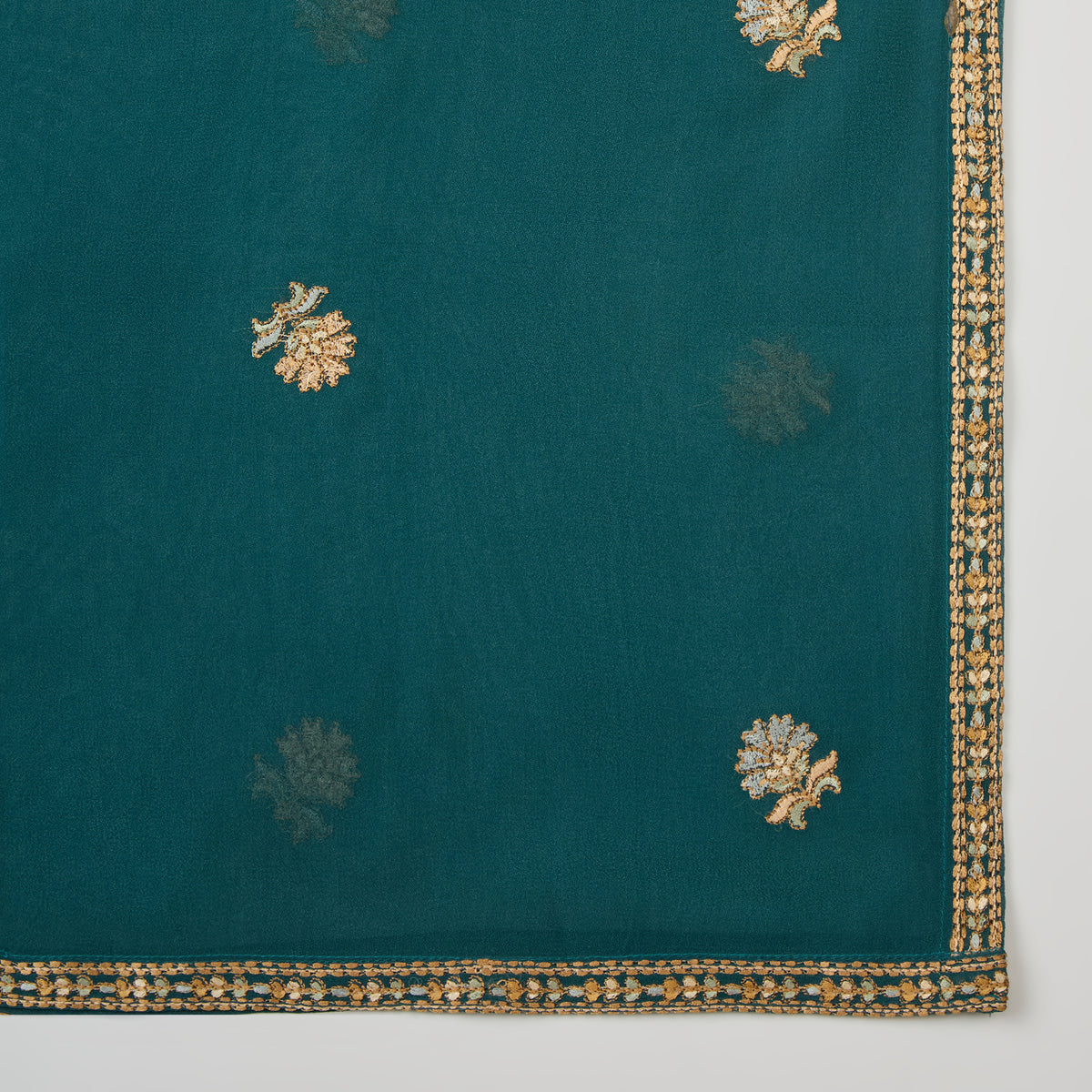 Bottle Green Viscose Crepe Kurta Set with All-Over Resham Work — front view