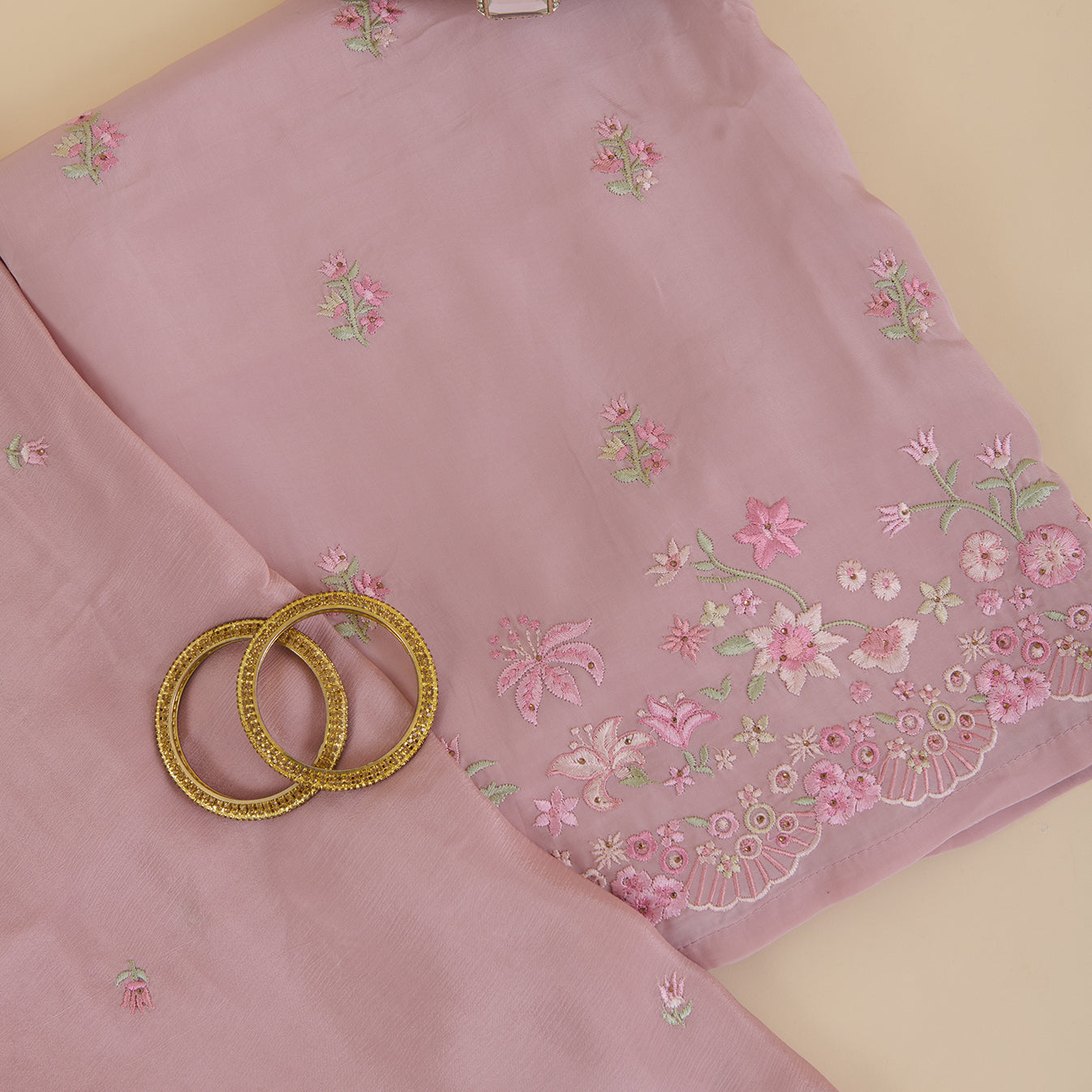 Onion Pink Viscose Crepe Thread Embroidered Buti Kurta