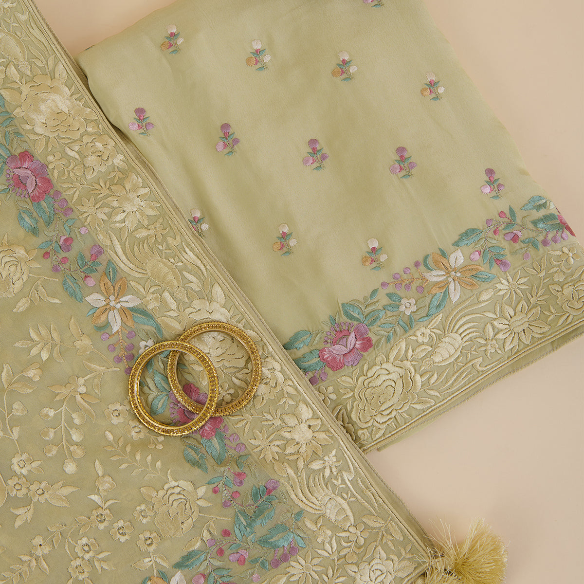 Pale Green Viscose Crepe Resham Embroidered Kurta Set