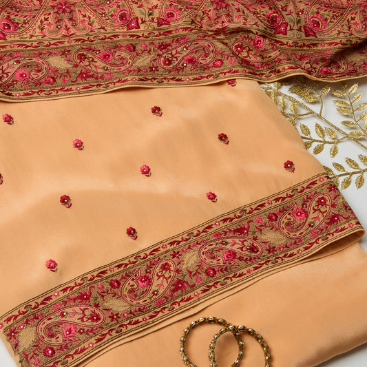 Peach Viscose Crepe Kurta Set with Kashmiri & Stone Embroidery