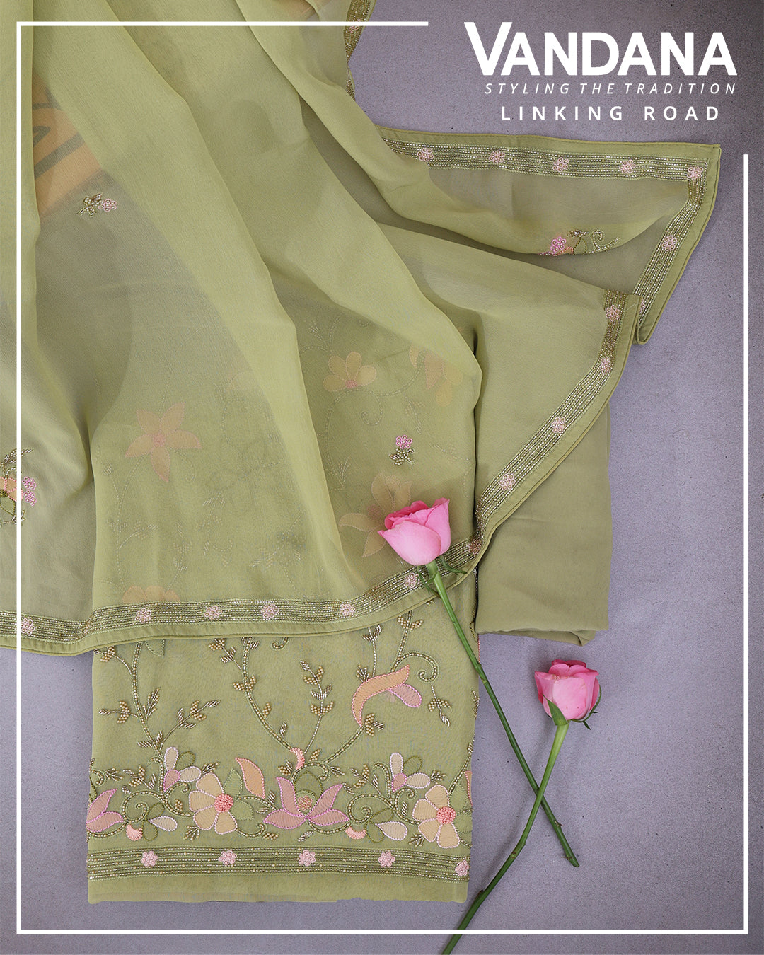 Pista Green Viscose Georgette Kurta Suit with Resham & Cut-Dana Embroidery