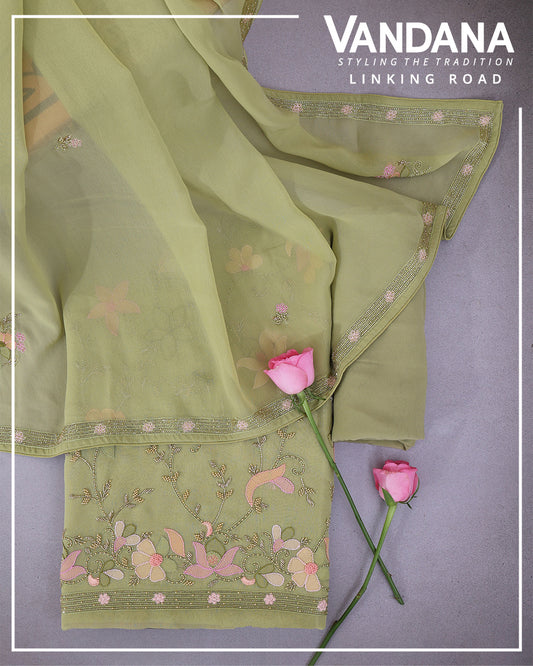 Pista Green Viscose Georgette Kurta Suit with Resham & Cut-Dana Embroidery