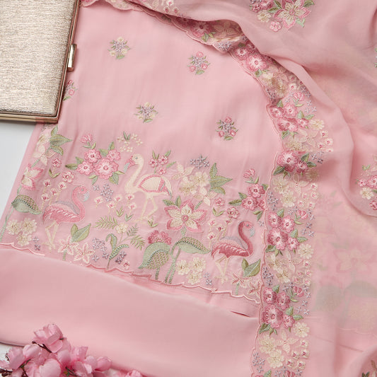 Rose Pink Viscose Crepe Suit with Resham Embroidery