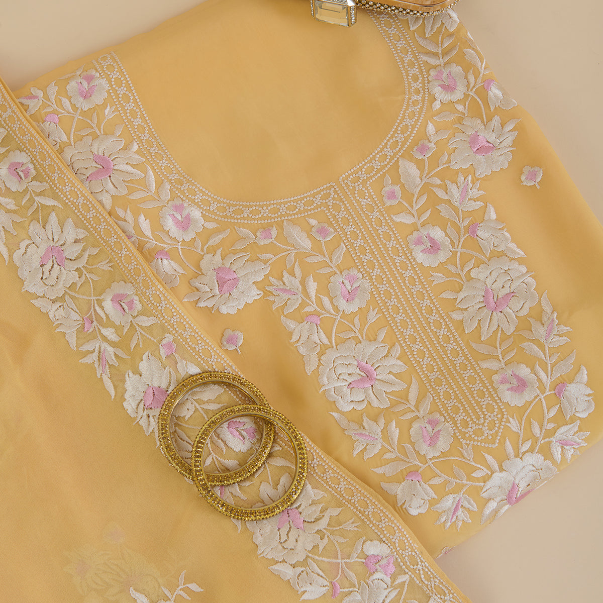 Yellow Gold Parsi Embroidered Viscose Crepe Suit Set