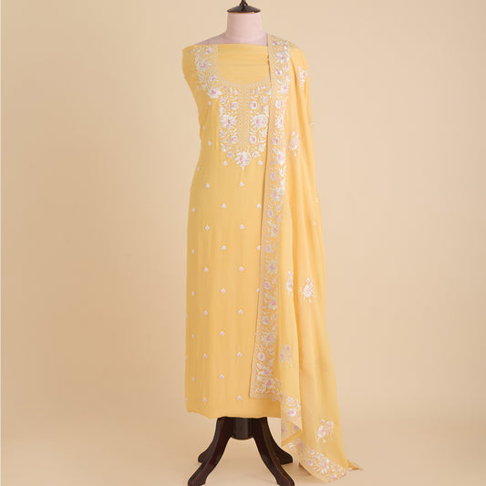 Yellow Gold Parsi Embroidered Viscose Crepe Suit Set