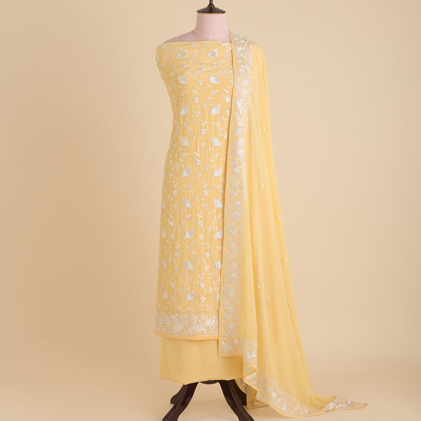 Yellow Viscose Crepe Parsi Jaal Embroidered Kurta with Dupatta