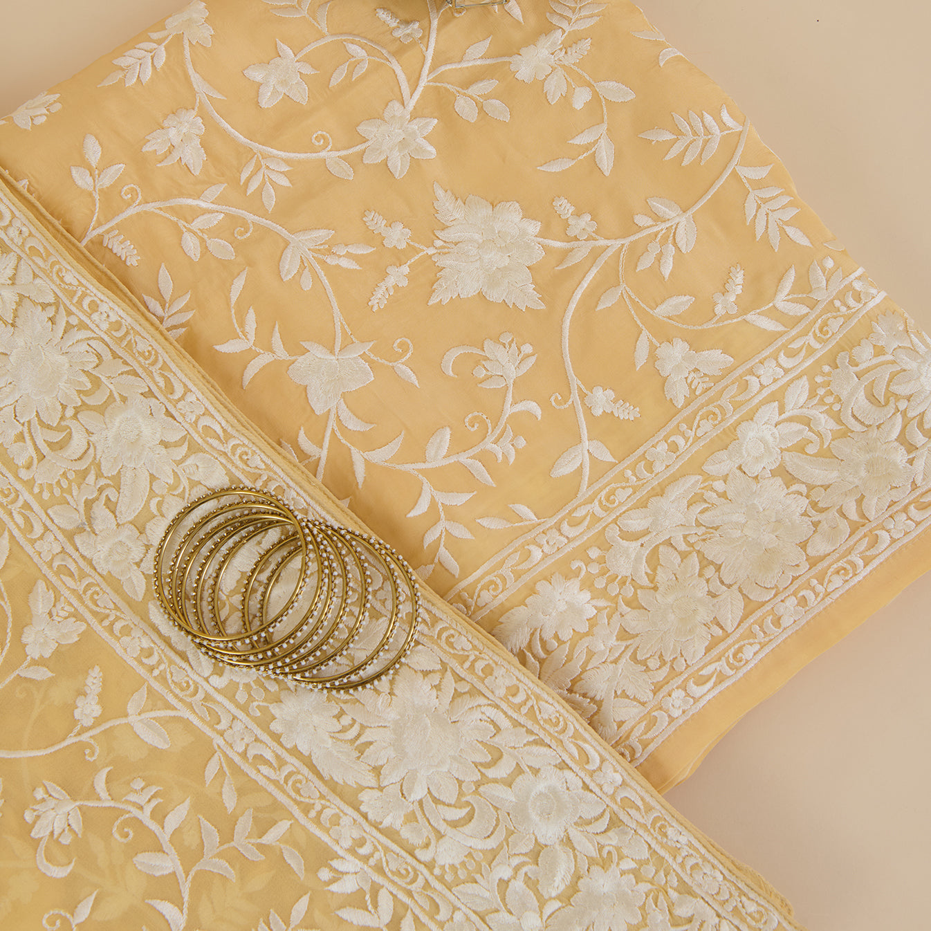 Yellow Viscose Crepe Parsi Jaal Embroidered Kurta with Dupatta