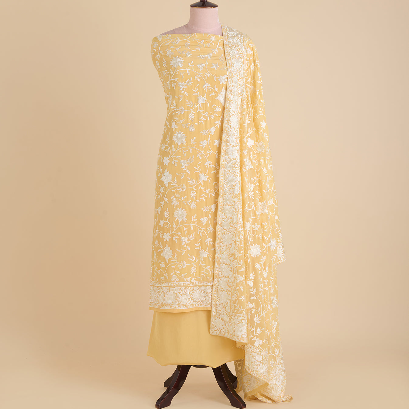 Yellow Viscose Crepe Parsi Jaal Embroidered Kurta with Dupatta