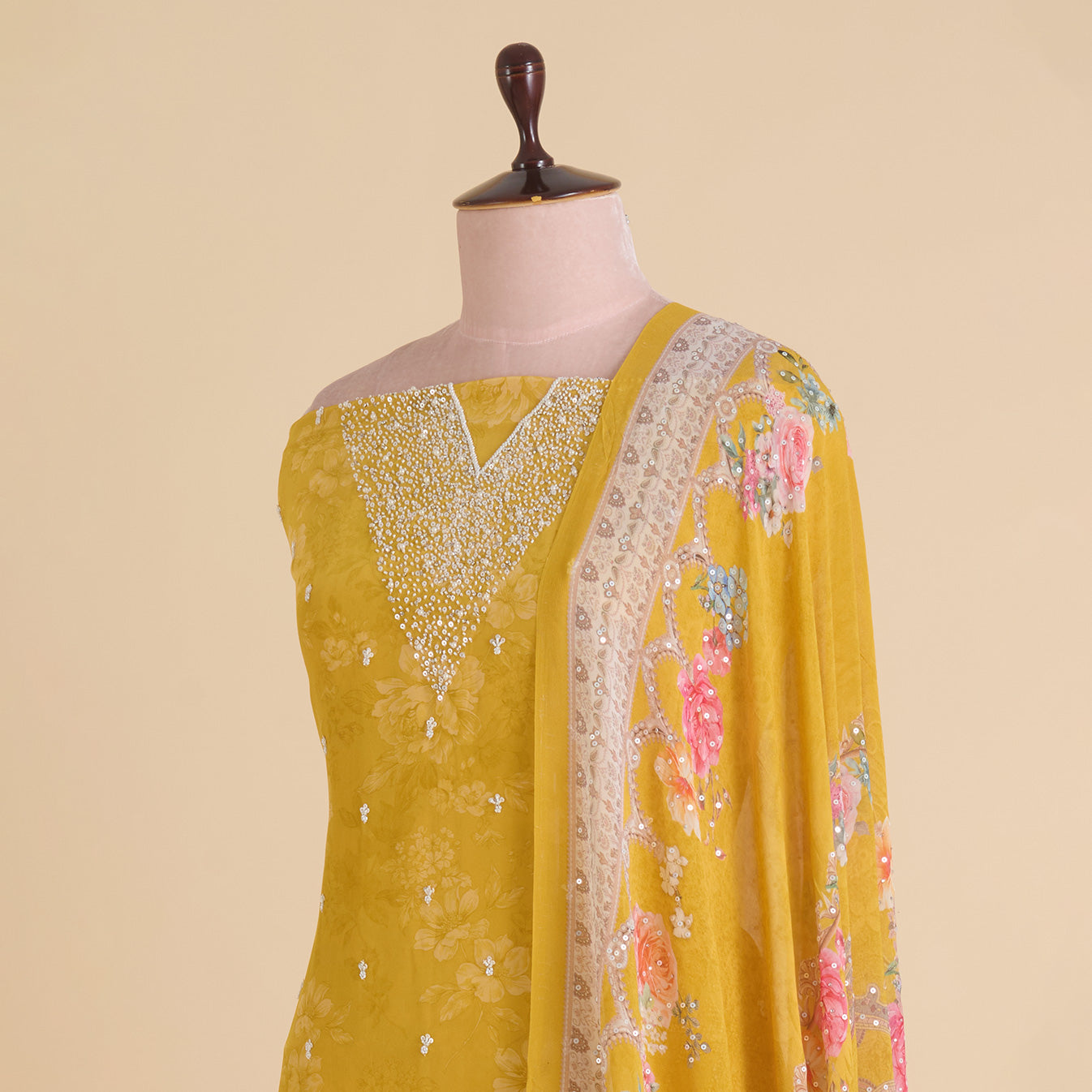 Yellow Viscose Crepe Printed Kurta Set with Embroidered Dupatta