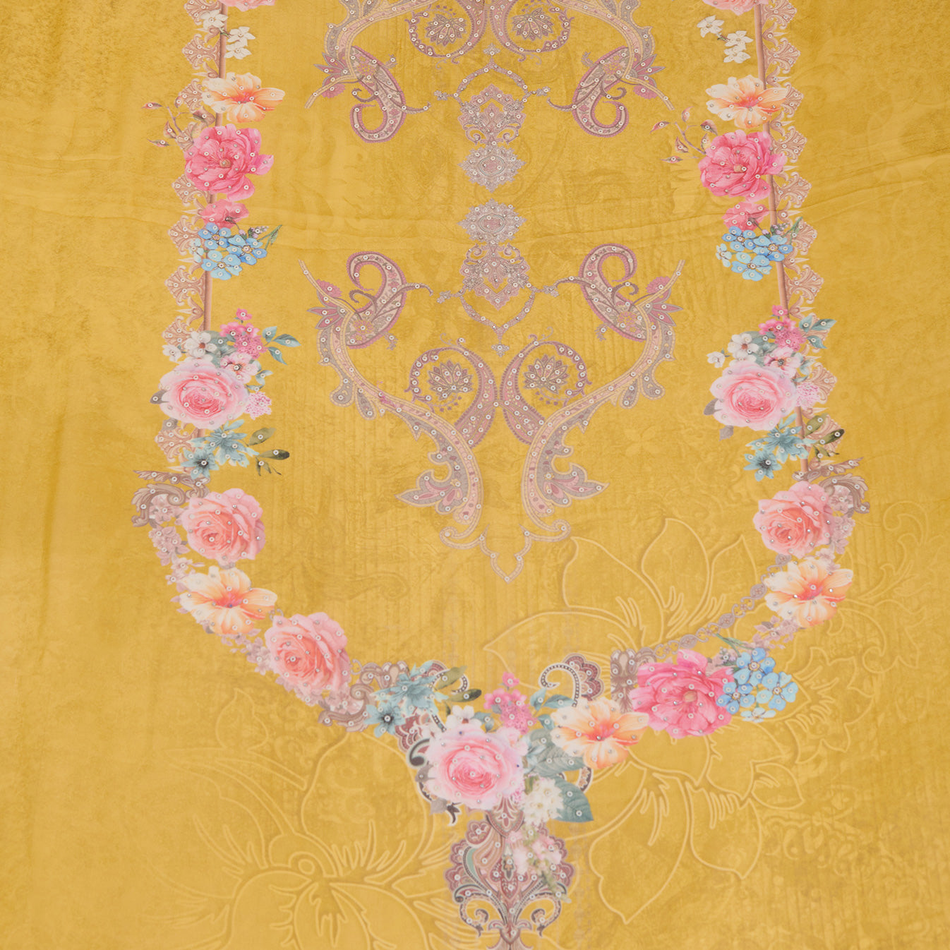 Yellow Viscose Crepe Printed Kurta Set with Embroidered Dupatta