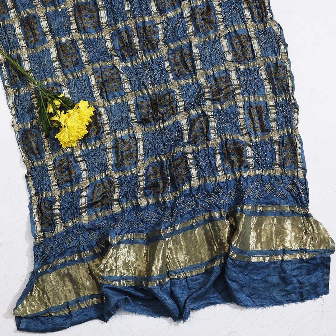 Navy Blue Gaji Silk Gharchola Bandhej With Ajrakh Print Dupatta