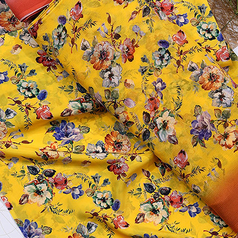Yellow Digital Printed Pure Chiffon Fabric