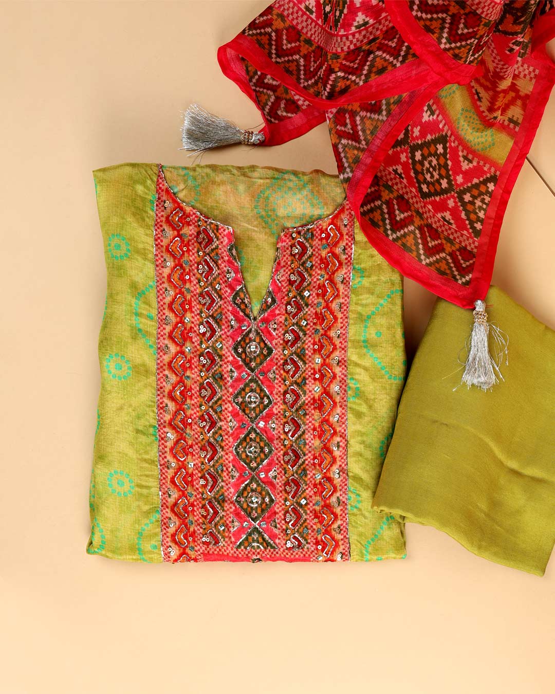 Lime Green Opada Silk Bandhej Kurta Set with Dupatta