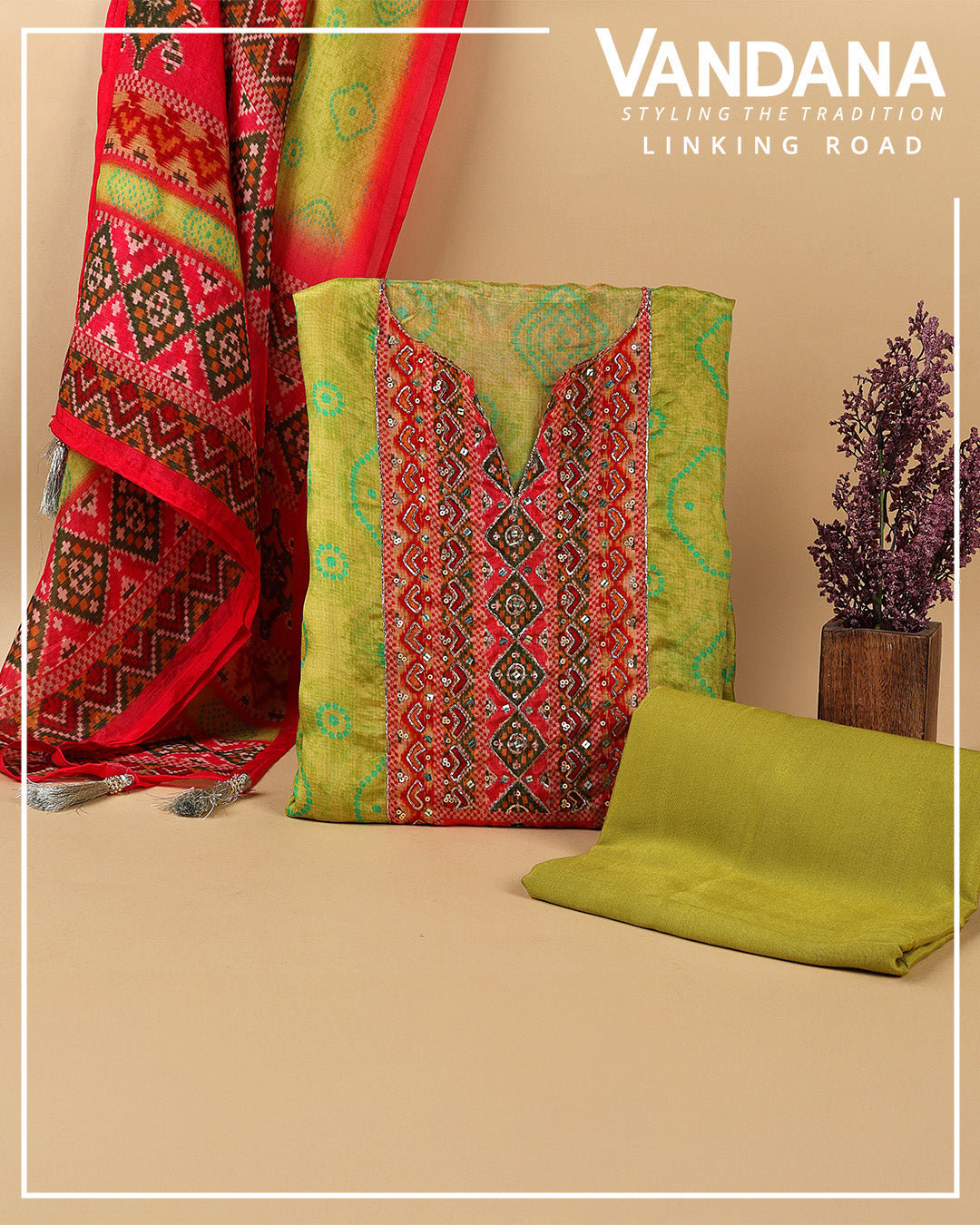 Lime Green Opada Silk Bandhej Kurta Set with Dupatta