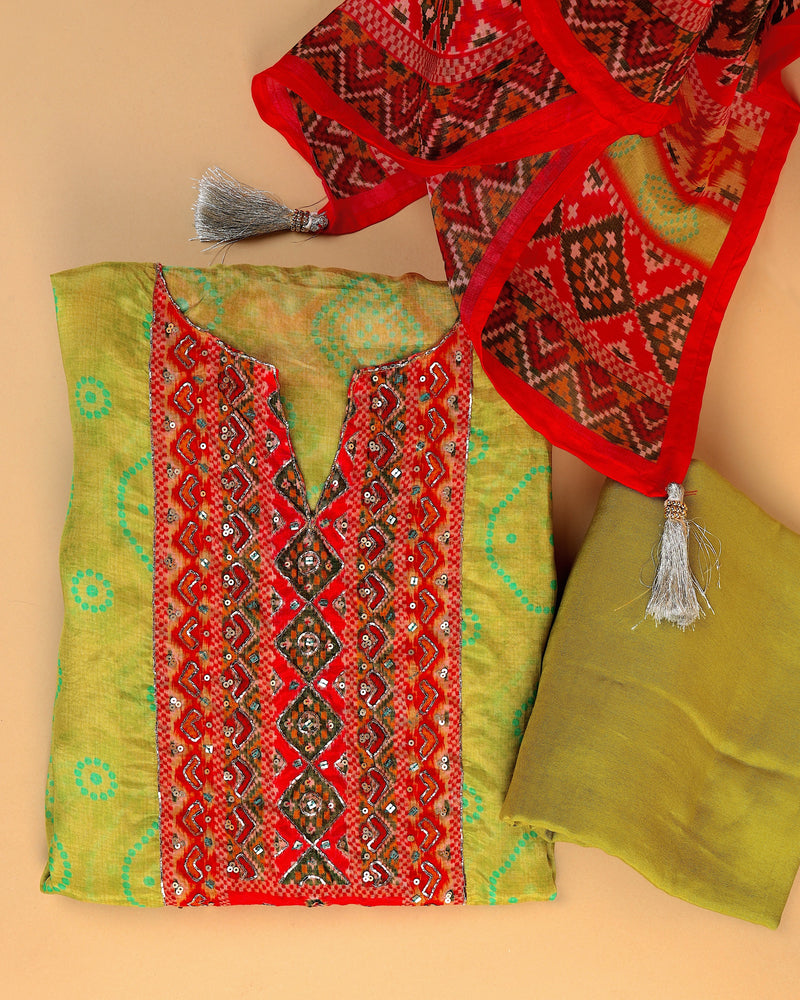 Lime Green Opada Silk Bandhej Suit Set