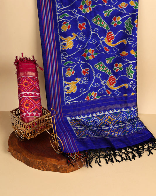 Silk Patola Ikat Woven Dupatta in Royal Blue, Magenta