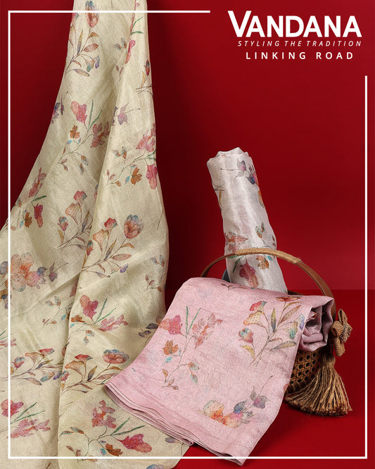 Chanderi Tissue Floral Printed Dupattas – Pink, Light Pink & Pastel Green