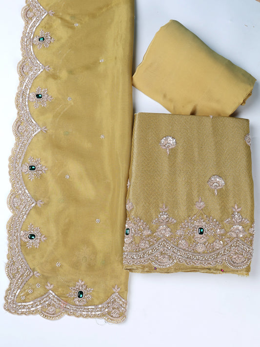 Yellow Jaquard Tissue Suit Set with Zardozi & Cutdana Work