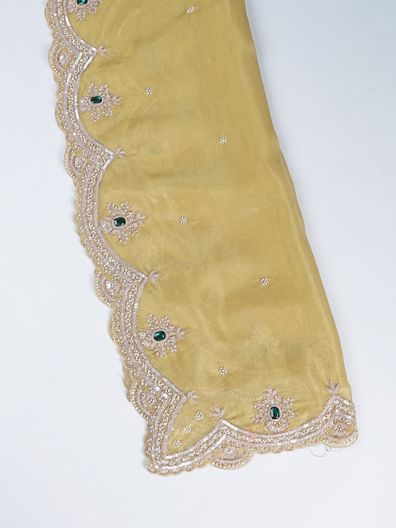 Yellow Jaquard Tissue Suit Set with Zardozi & Cutdana Work