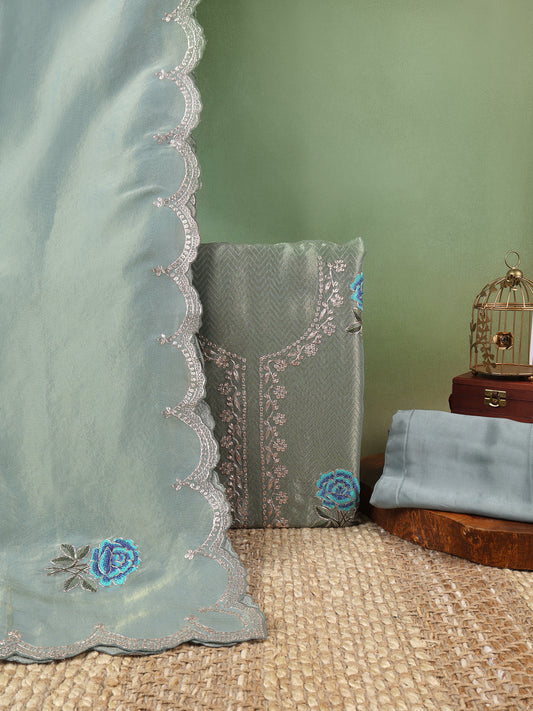 Grey Jaquard Tissue Suit with Zari Pita and Resham Work